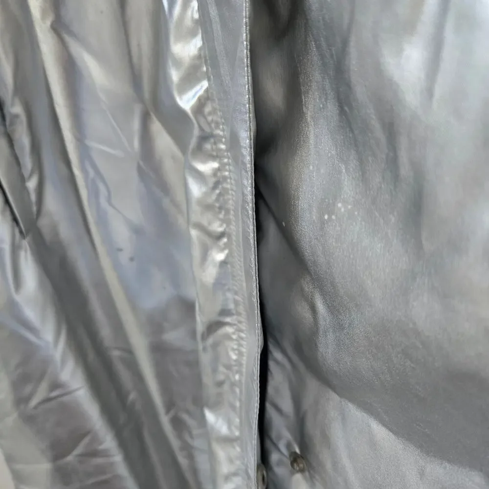 SJYP Silver Long Metallic Raincoat Hooded Womens Size Medium Korean Brand Edgy